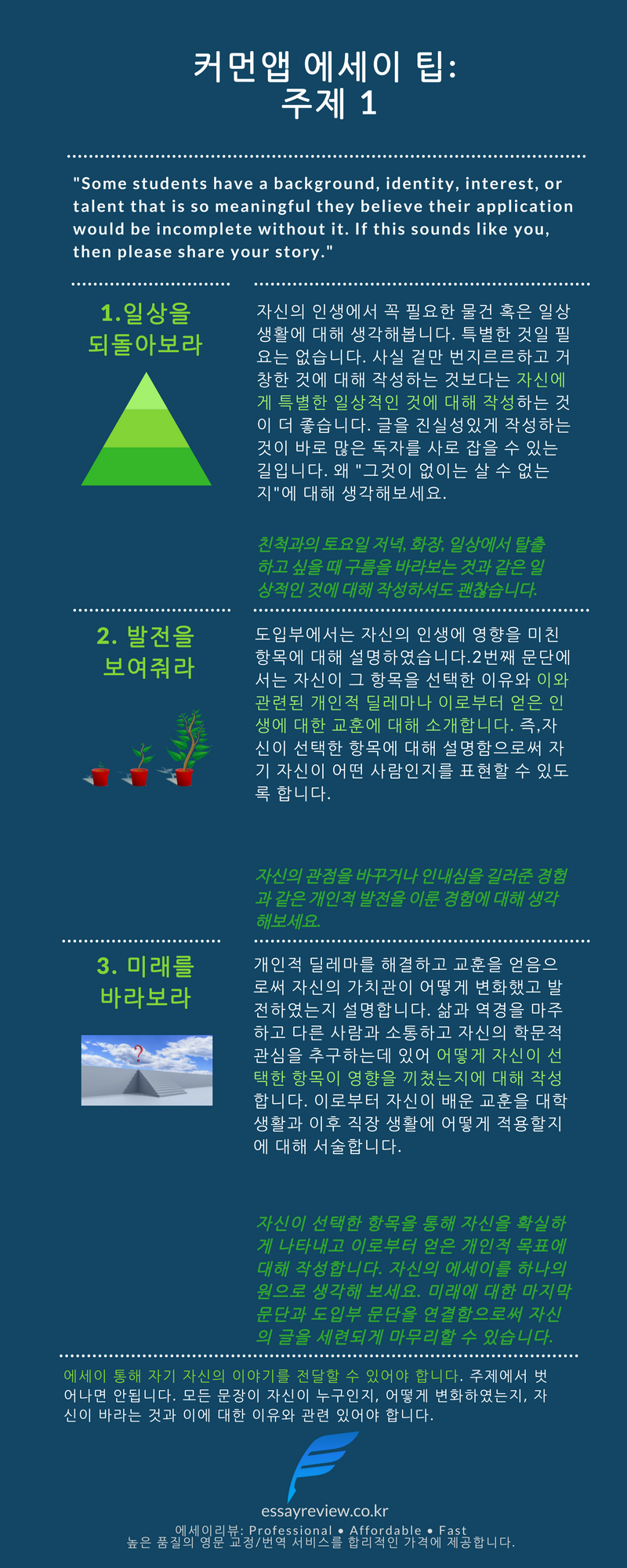 커먼앱 (Common App) 에세이 주제 1 작성 방법에 대한 팁입니다.
