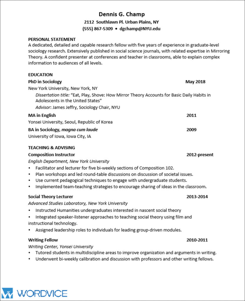 Sample Graduate CV for Academic and Research Positions ...