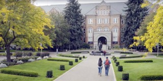 college campus with brick entrance